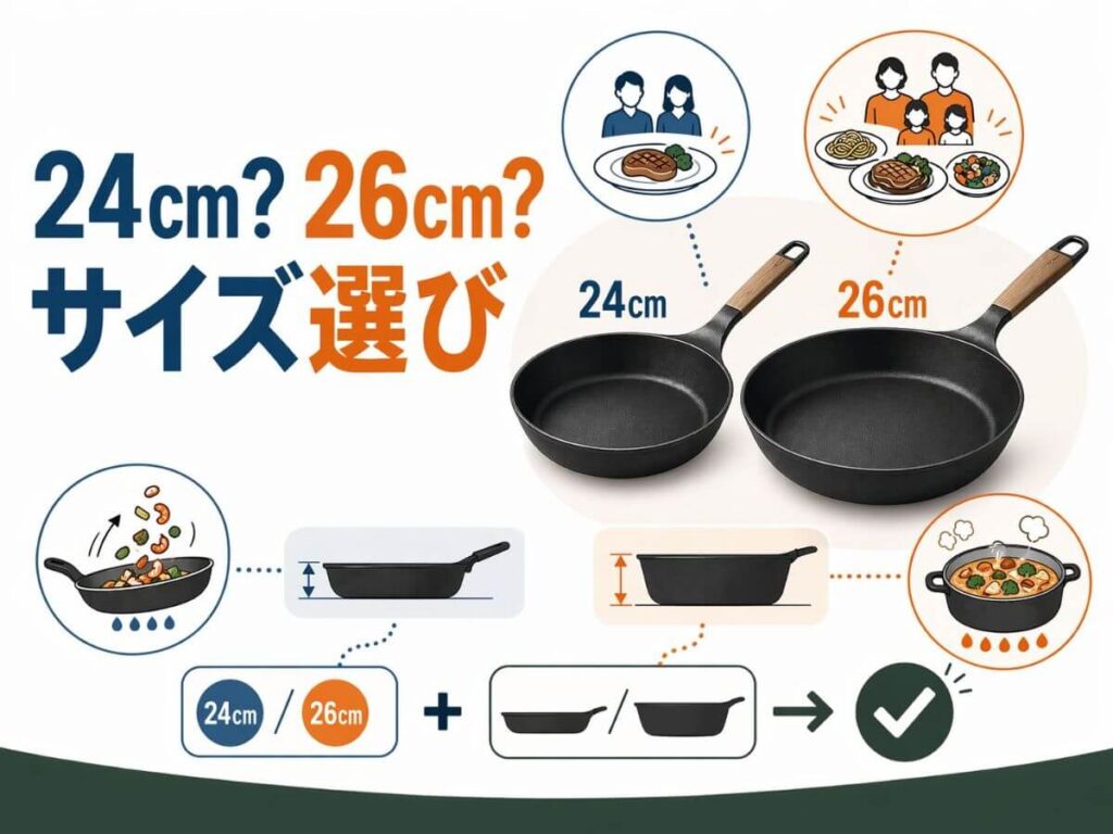 バーミキュラ フライパンは24cmと26cmで迷う？サイズ比較と深型浅型の選び方