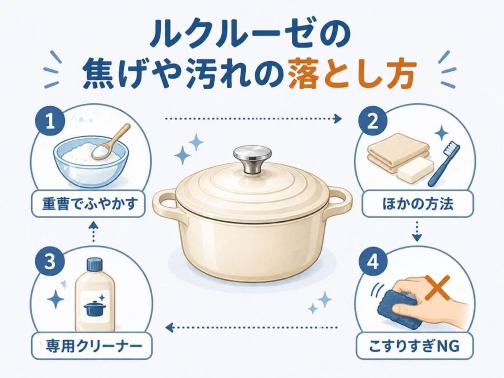 ルクルーゼの焦げや汚れの落とし方：傷めずピカピカに戻す秘訣