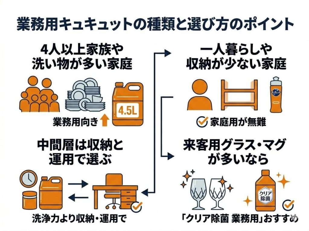 大家族・一人暮らし・オフィスならどれ？業務用キュキュットの種類と選び方のポイント