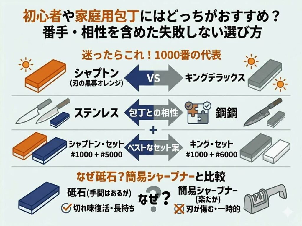 初心者や家庭用包丁にはどっちがおすすめ？番手・相性を含めた失敗しない選び方