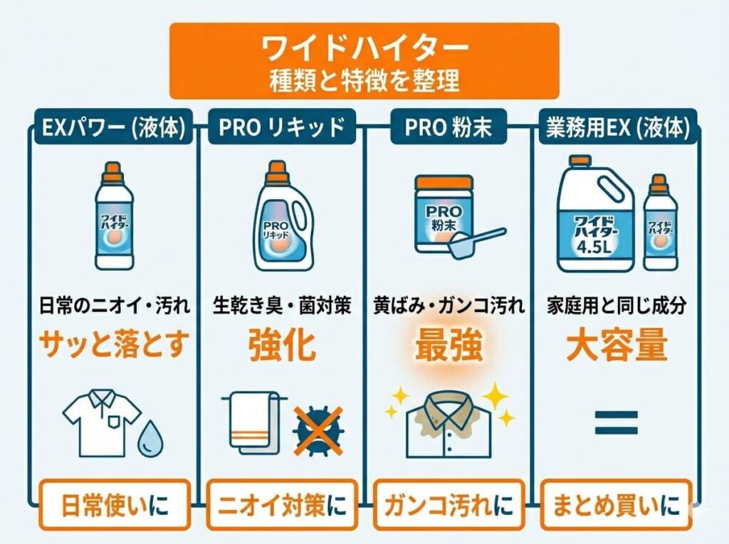 ワイドハイターEX・PRO・粉末・液体の違いを整理!最強はどれ?