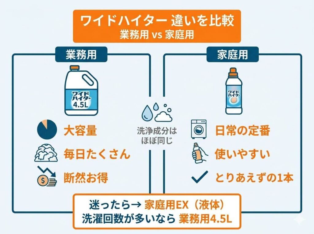 ワイドハイターの業務用と家庭用の違いは?強さ・容量・使いやすさを比較