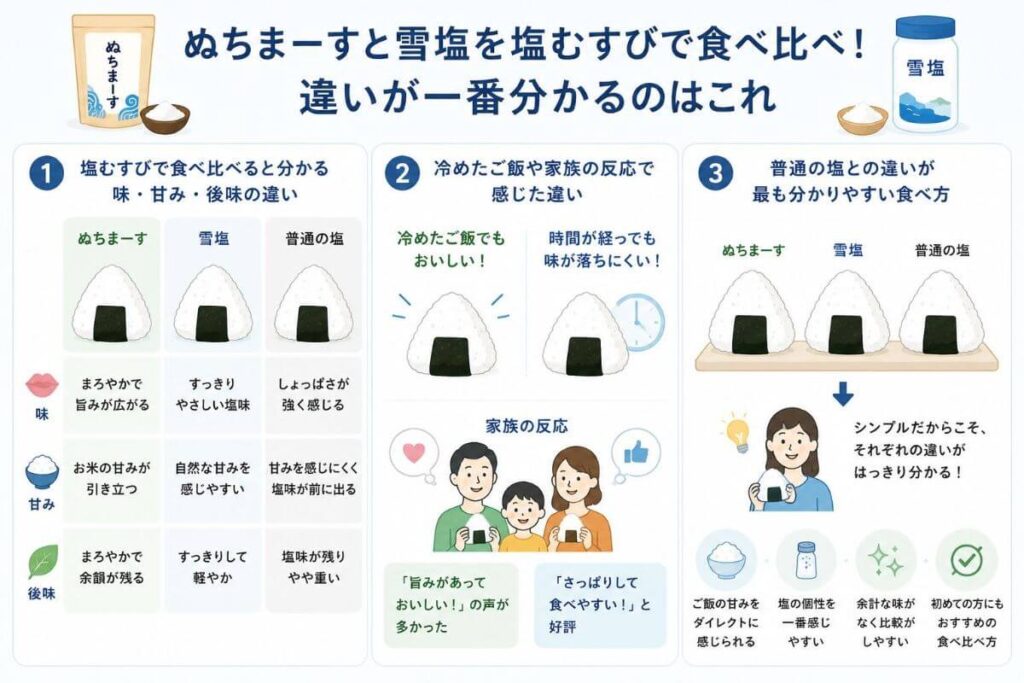 ぬちまーすと雪塩を塩むすびで食べ比べ！違いが一番分かるのはこれ