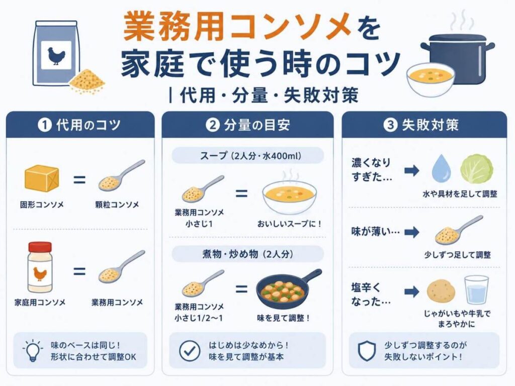 業務用コンソメを家庭で使う時のコツ｜代用・分量・失敗対策