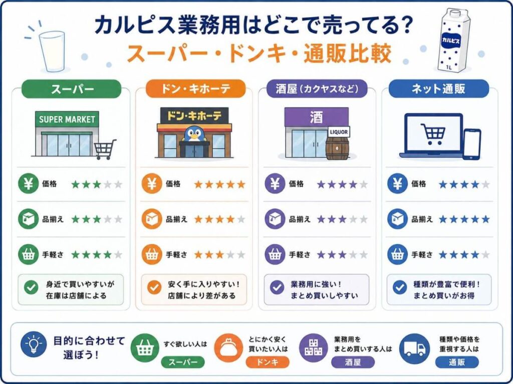 カルピス業務用はどこで売ってる？スーパー・ドンキ・通販比較