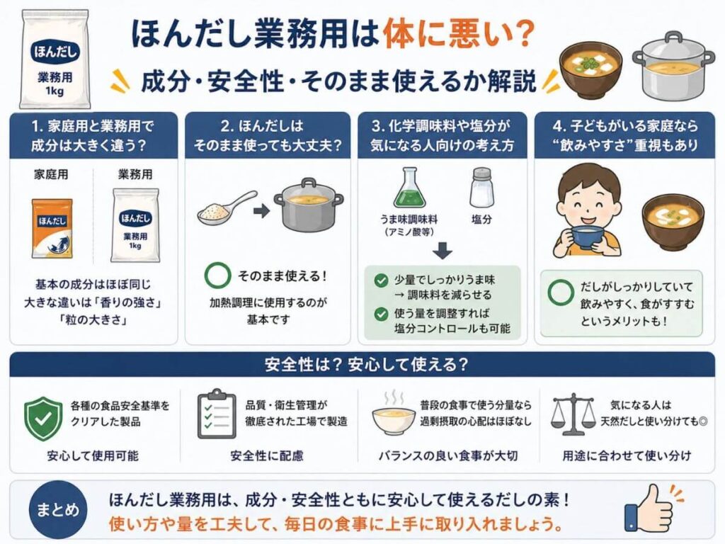 ほんだし業務用は体に悪い？成分・安全性・そのまま使えるか解説