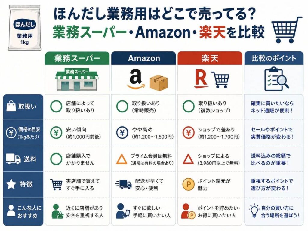 ほんだし業務用はどこで売ってる？業務スーパー・Amazon・楽天を比較
