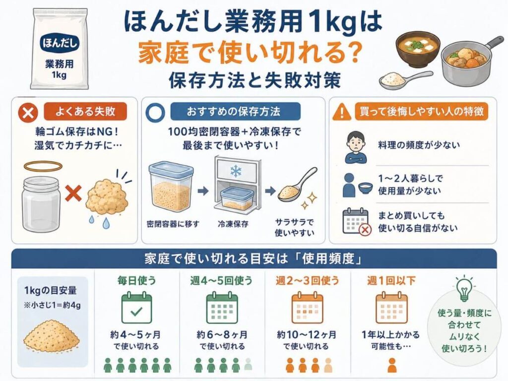ほんだし業務用1kgは家庭で使い切れる？保存方法と失敗対策