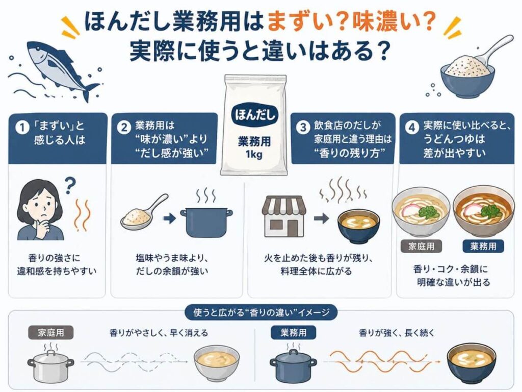 ほんだし業務用はまずい？味濃い？実際に使うと違いはある？