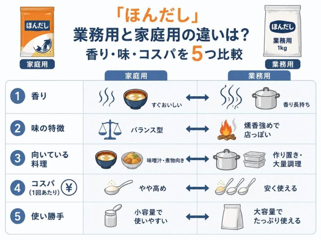「ほんだし」業務用と家庭用の違いは？香り・味・コスパを5つ比較
