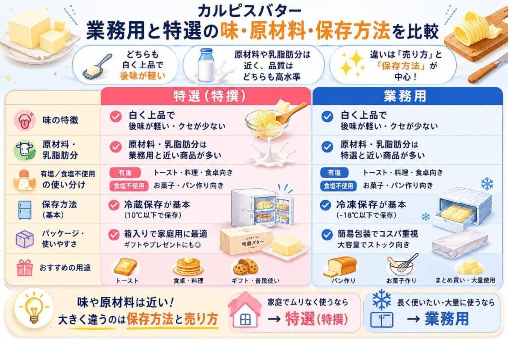 カルピスバター業務用と特選の味・原材料・保存方法を比較