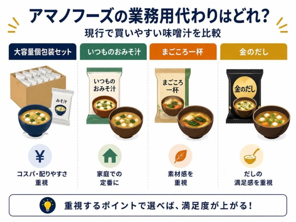 アマノフーズの業務用代わりはどれ？現行で買いやすい味噌汁を比較