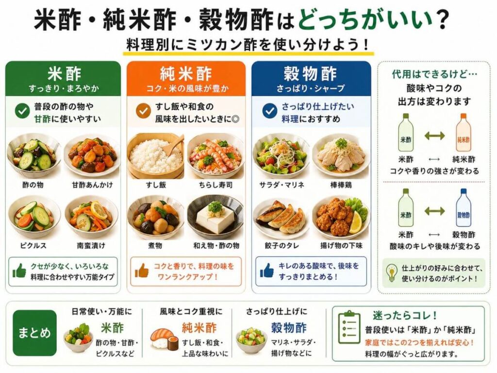 米酢・純米酢・穀物酢はどっちがいい？料理別にミツカン酢を使い分け