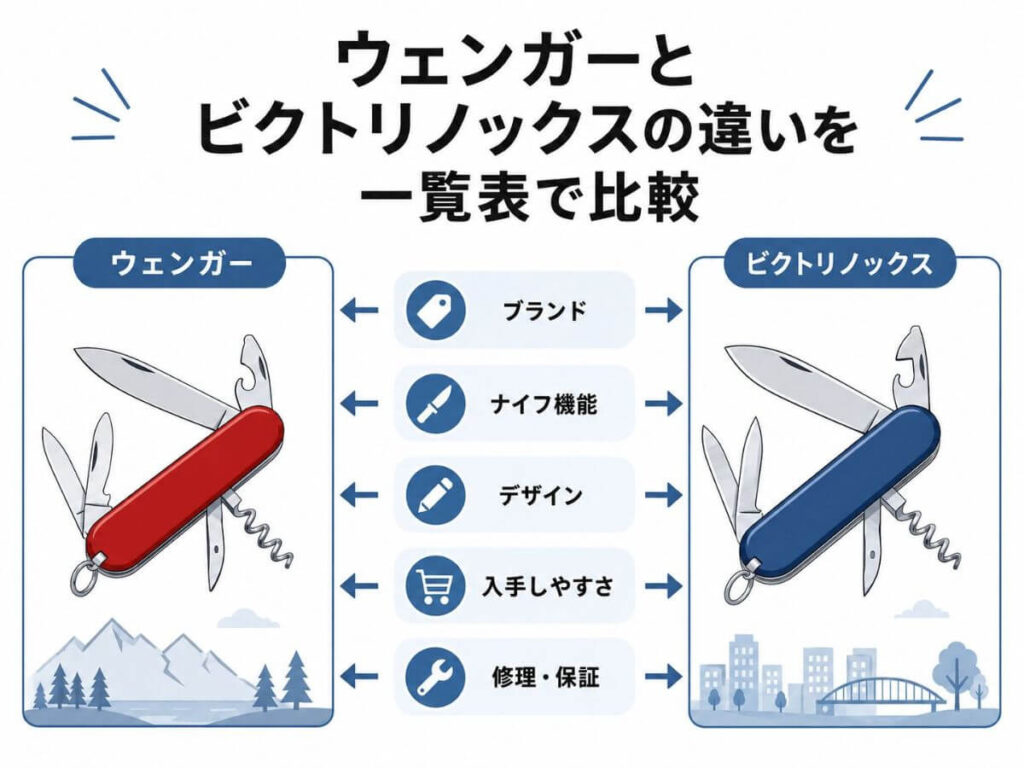 ウェンガーとビクトリノックスの違いを一覧表で比較