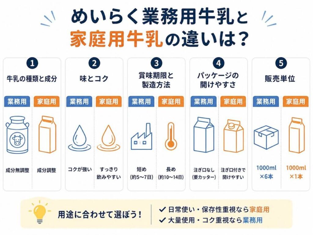 めいらく業務用牛乳と家庭用牛乳の違いは？