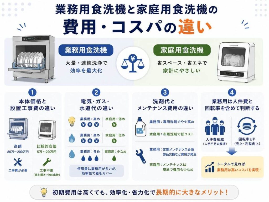 業務用食洗機と家庭用食洗機の費用・コスパの違い