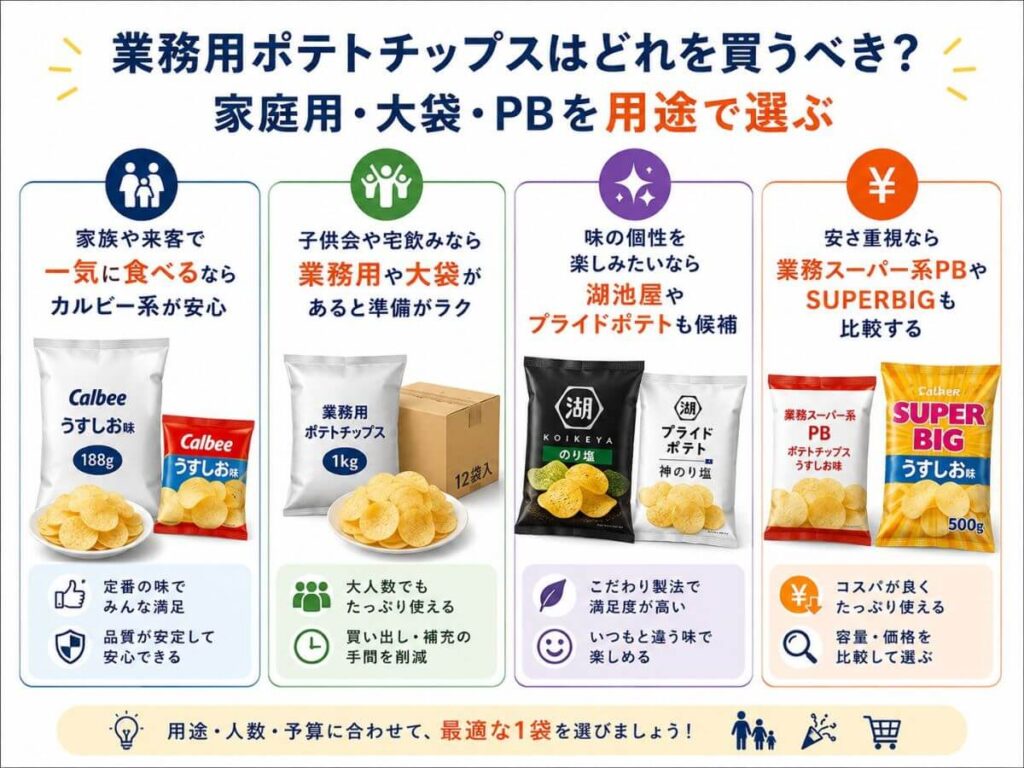 業務用ポテトチップスの違いと選び方は？家庭用・大袋・PBを用途で比較