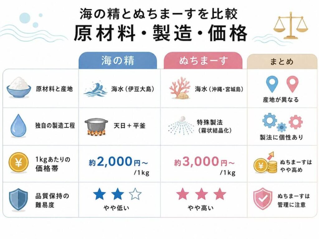 海の精とぬちまーすを原材料・製造・価格などで比較