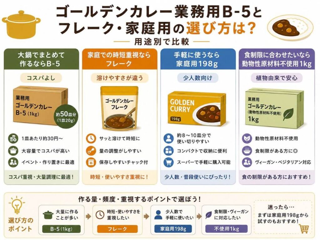 ゴールデンカレー業務用B-5とフレーク・家庭用の選び方は？用途別で比較