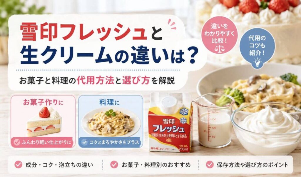 雪印フレッシュと生クリームの違いは？お菓子と料理の代用方法と選び方を解説