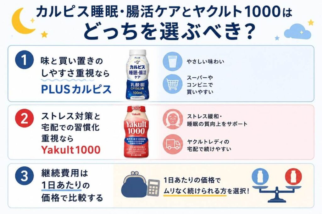 カルピス睡眠・腸活ケアとヤクルト1000はどっちを選ぶべき？