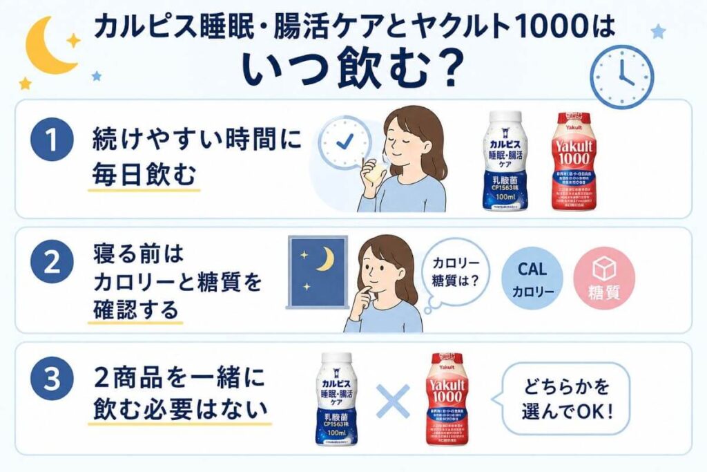 カルピス睡眠・腸活ケアとヤクルト1000はいつ飲む？