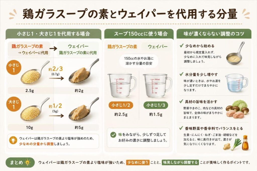 鶏ガラスープの素とウェイパーを代用する分量