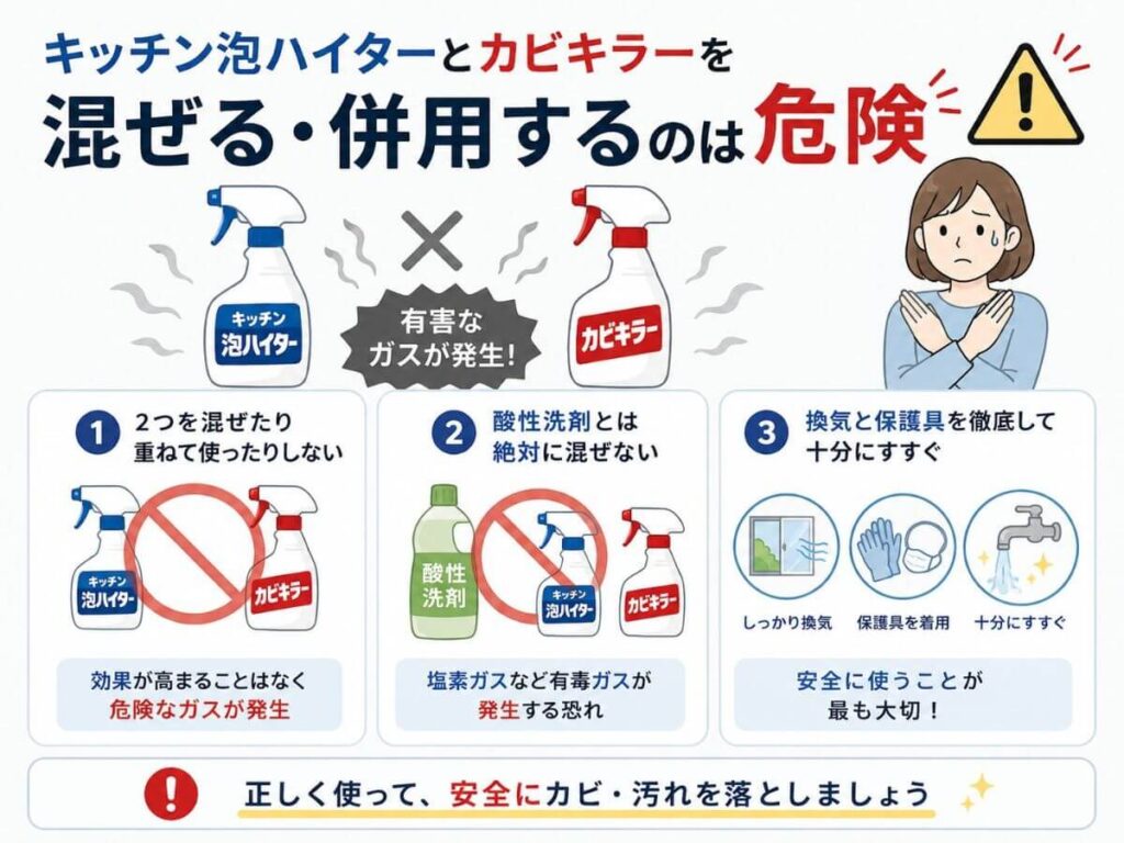 キッチン泡ハイターとカビキラーを混ぜる・併用するのは危険